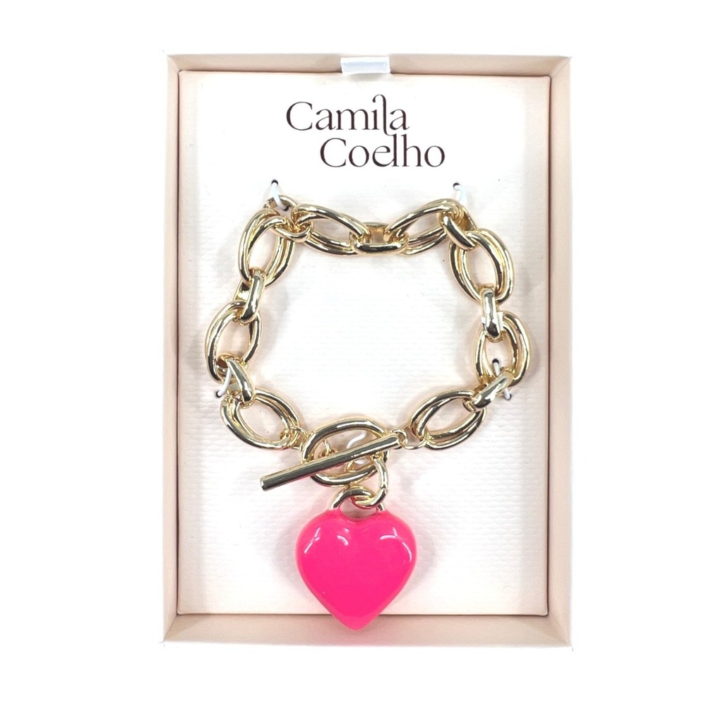 Camila Coelho Puff Heart Charm‎ Bracelet Gold Tone Chunky Chain NEW Boxed Gift